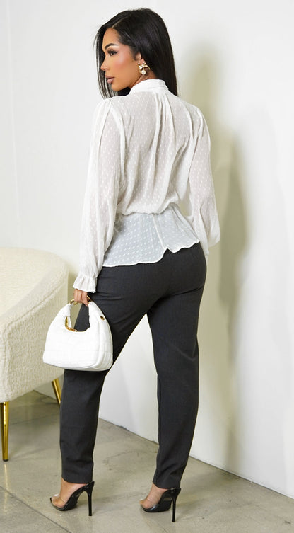 Elle Swiss Dot Front Tie Blouse Top - White