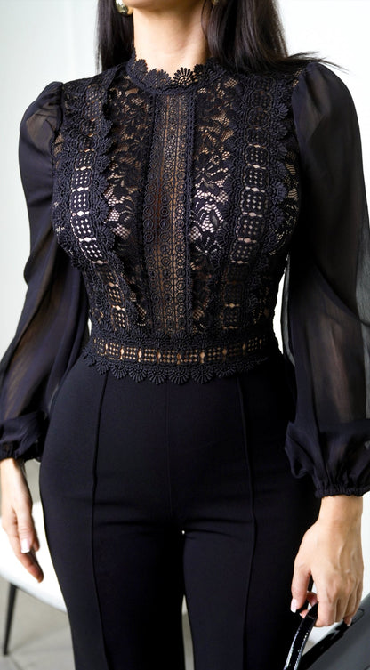 Nerine Crochet Lace Mesh Jumpsuit - Black