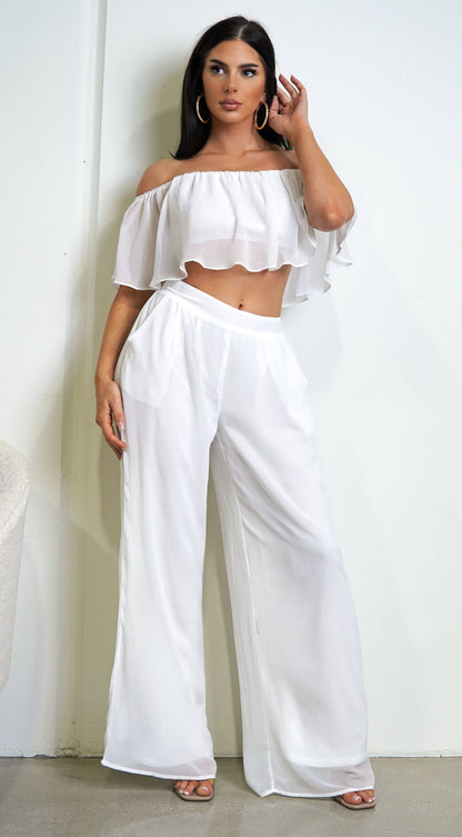 Matilda White Off Shoulder Wide Leg Pant Set