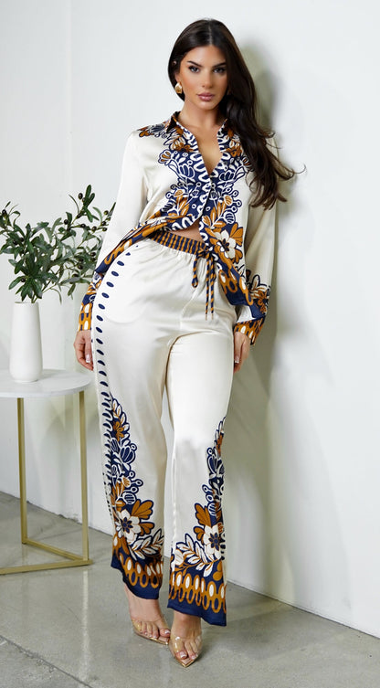 Georgina Floral Print Satin Set - Cream