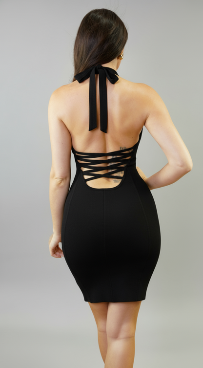 Cintara Knit Halter Neck Mini Dress - Black