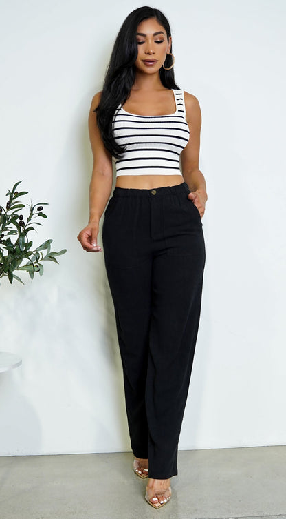 Estelle Striped Ribbed Crop Tank Top - White