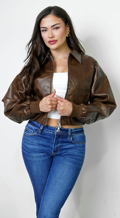Nolair Bomber PU Leather Jacket - Brown