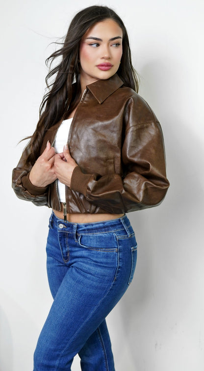 Nolair Bomber PU Leather Jacket - Brown