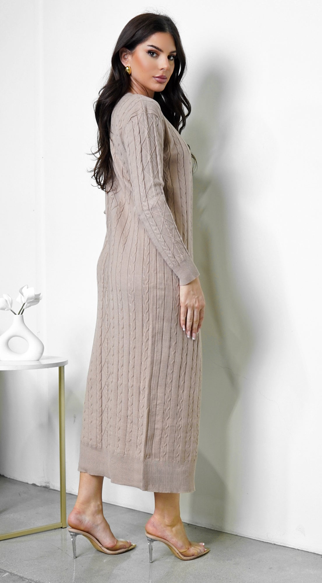 Fia Cardrigan Midi Dress Set - Beige