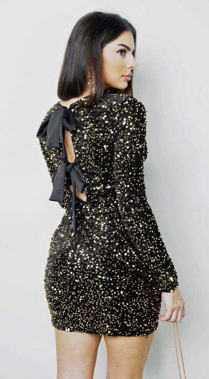 Éloria Velvet Sequin Long Sleeve Mini Dress - Black