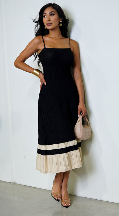 Mira Ribbed Two Tone Midi Dress - Black