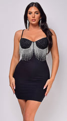 Electra Black Rhinestone Fringe Mini Dress