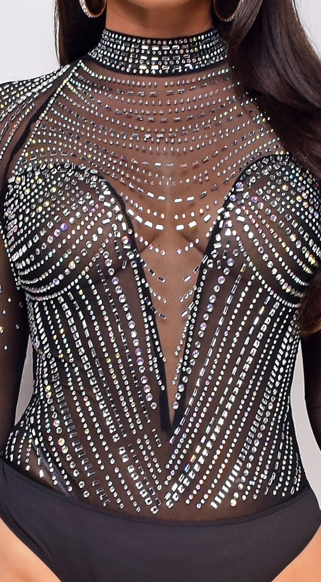 Elodie Black Mesh Rhinestone Bodysuit