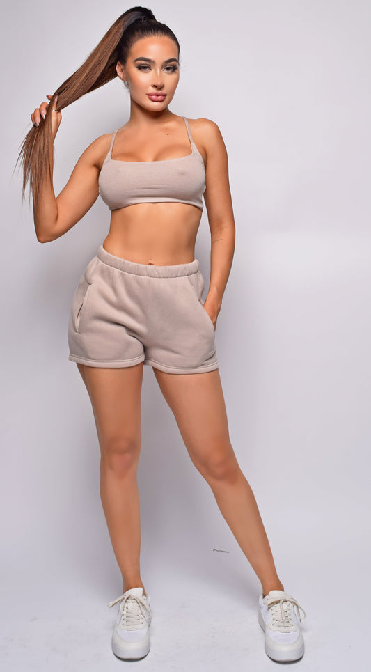 Go For It Beige Blue Shorts & Crop Top Lounge Set
