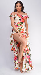 Eivissa Floral Off Shoulder Ruffle Tier Maxi Dress - Ivory