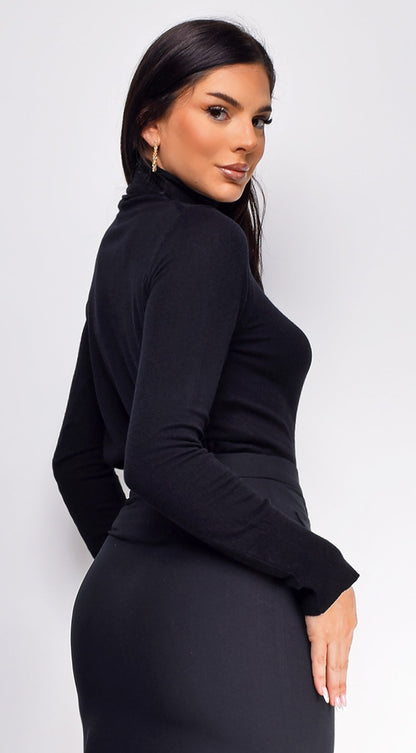 Gigi High Neck Long Sleeve Top - Black