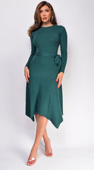 Lyia Green Ribbed Flare Sweater Midi Dress
