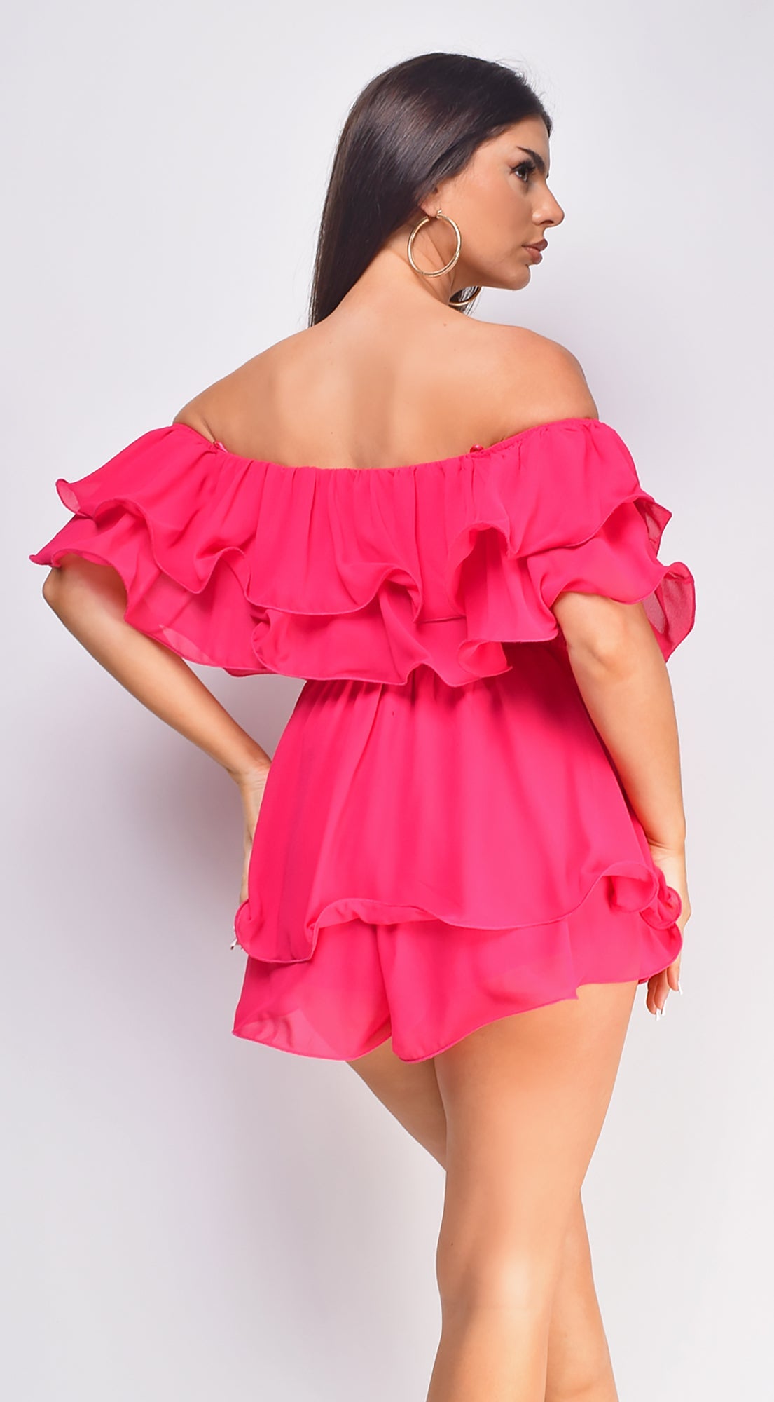 Karli Off Shoulder Ruffled Romper - Pink