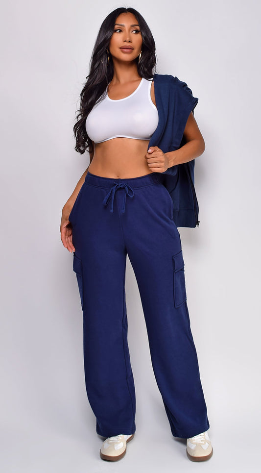 Mina French Terry Straight Cargo Pocket Joggers - Navy