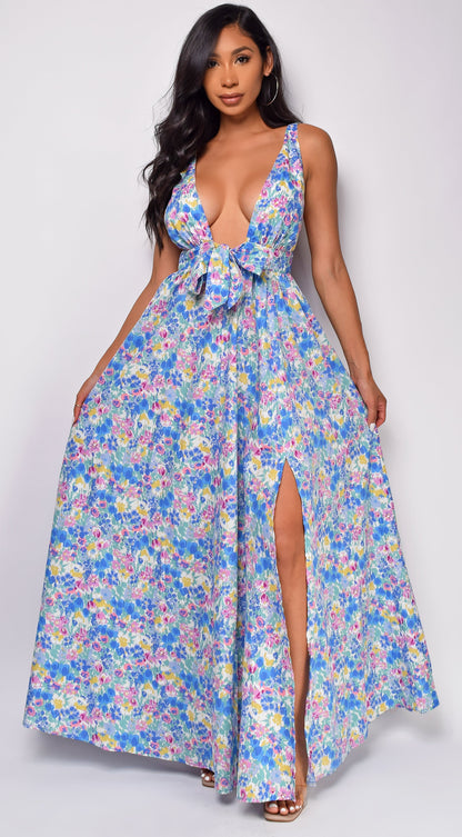 Maylah Blue Floral Print Maxi Dress
