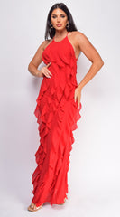 Erma Halter Ruffle Maxi Dress - Red