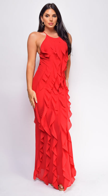 Erma Halter Ruffle Maxi Dress - Red