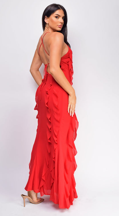 Erma Halter Ruffle Maxi Dress - Red