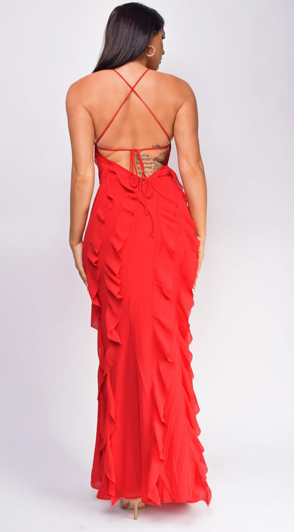 Erma Halter Ruffle Maxi Dress - Red