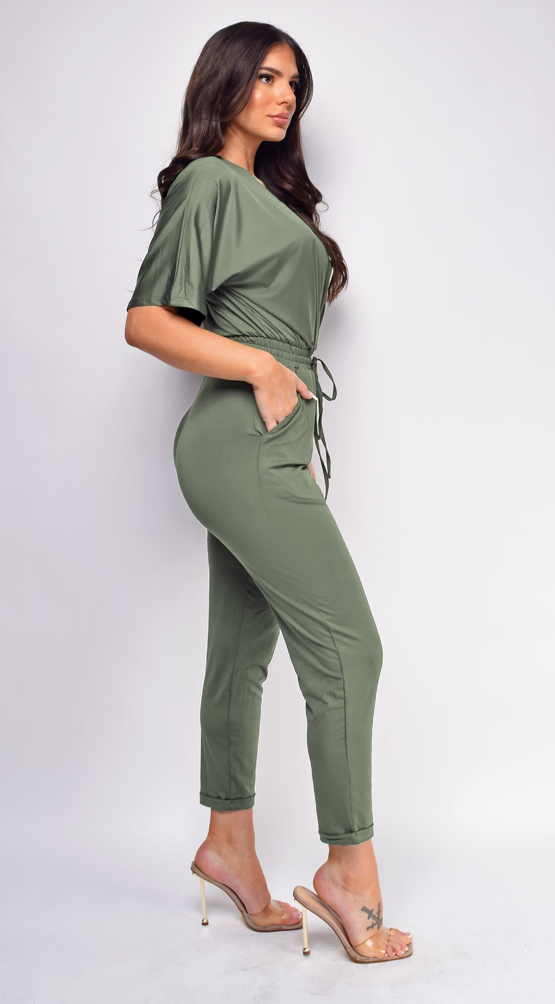 Lia Olive Green V Neck Jumpsuit