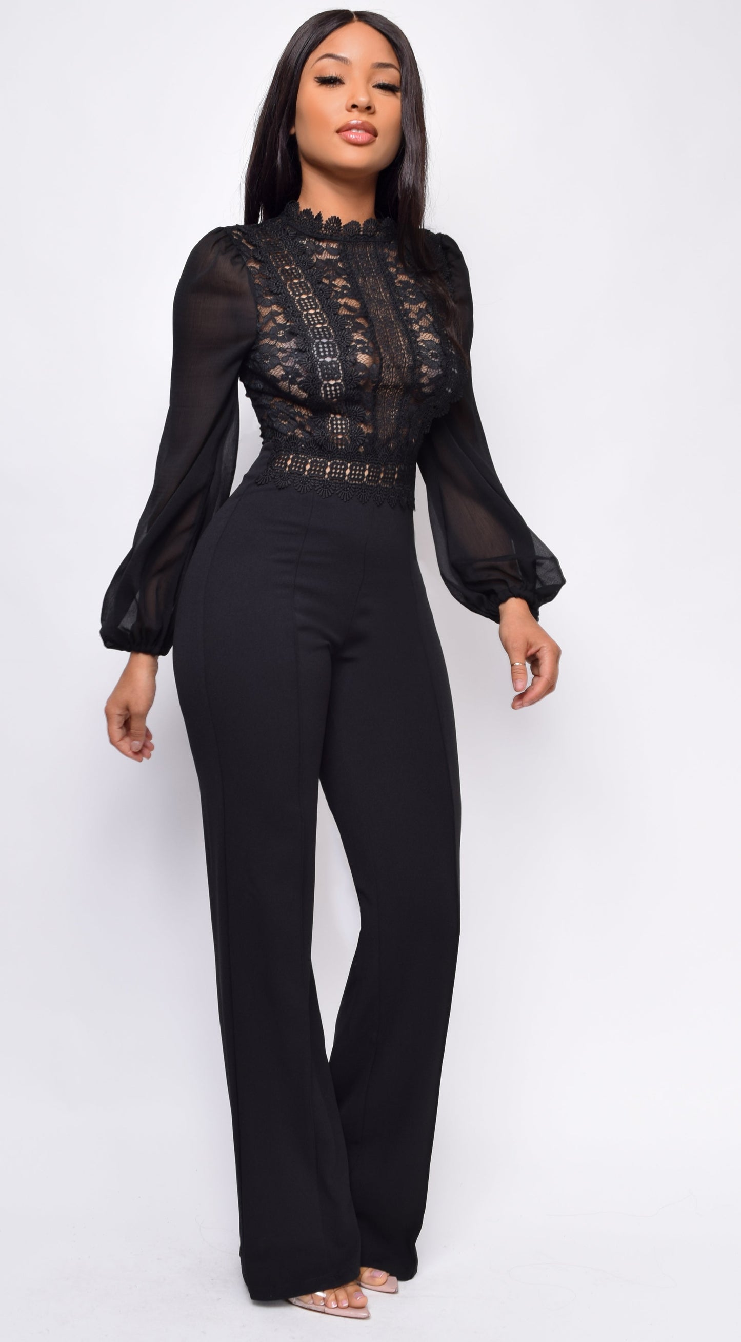 Nerine Crochet Lace Mesh Jumpsuit - Black