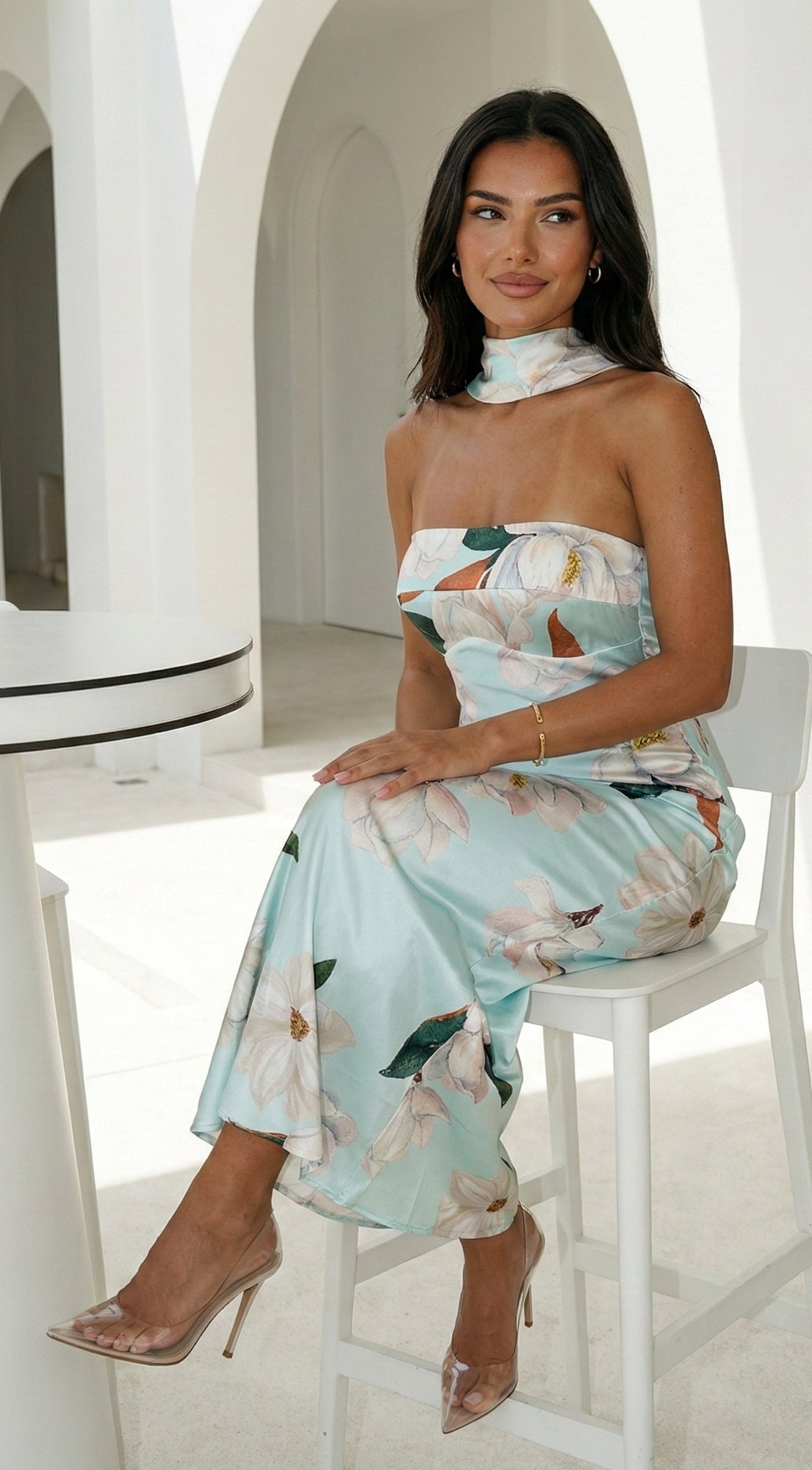 Elysira Reverse Halter Floral Satin Maxi Dress - Mint Blue