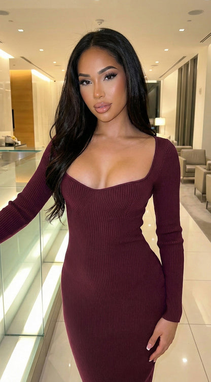 Noirelle Ribbed Midi Dress - Burgundy Red