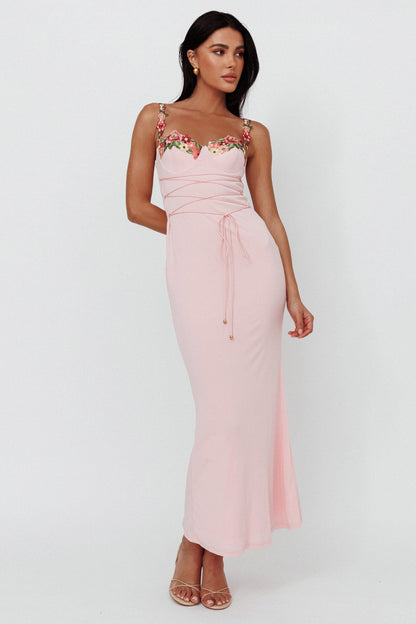 Rose Garden Floral Applique Laced Midi Dress Baby Pink