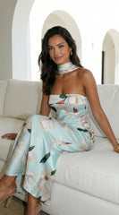 Elysira Reverse Halter Floral Satin Maxi Dress - Mint Blue