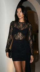 Isadora Lace Sash Mini Dress - Black