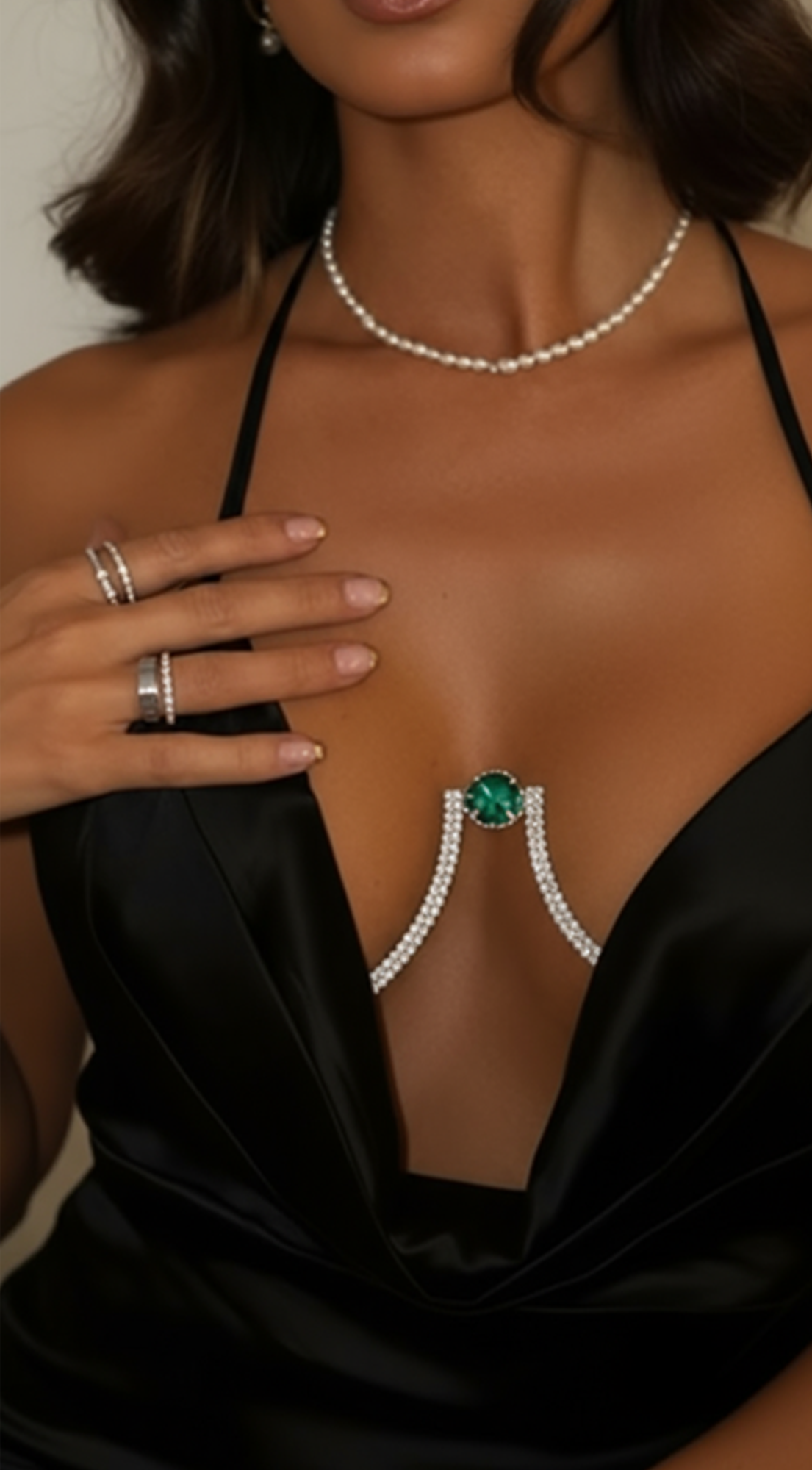 Luminous Green Crystal Bra Chain - Silver