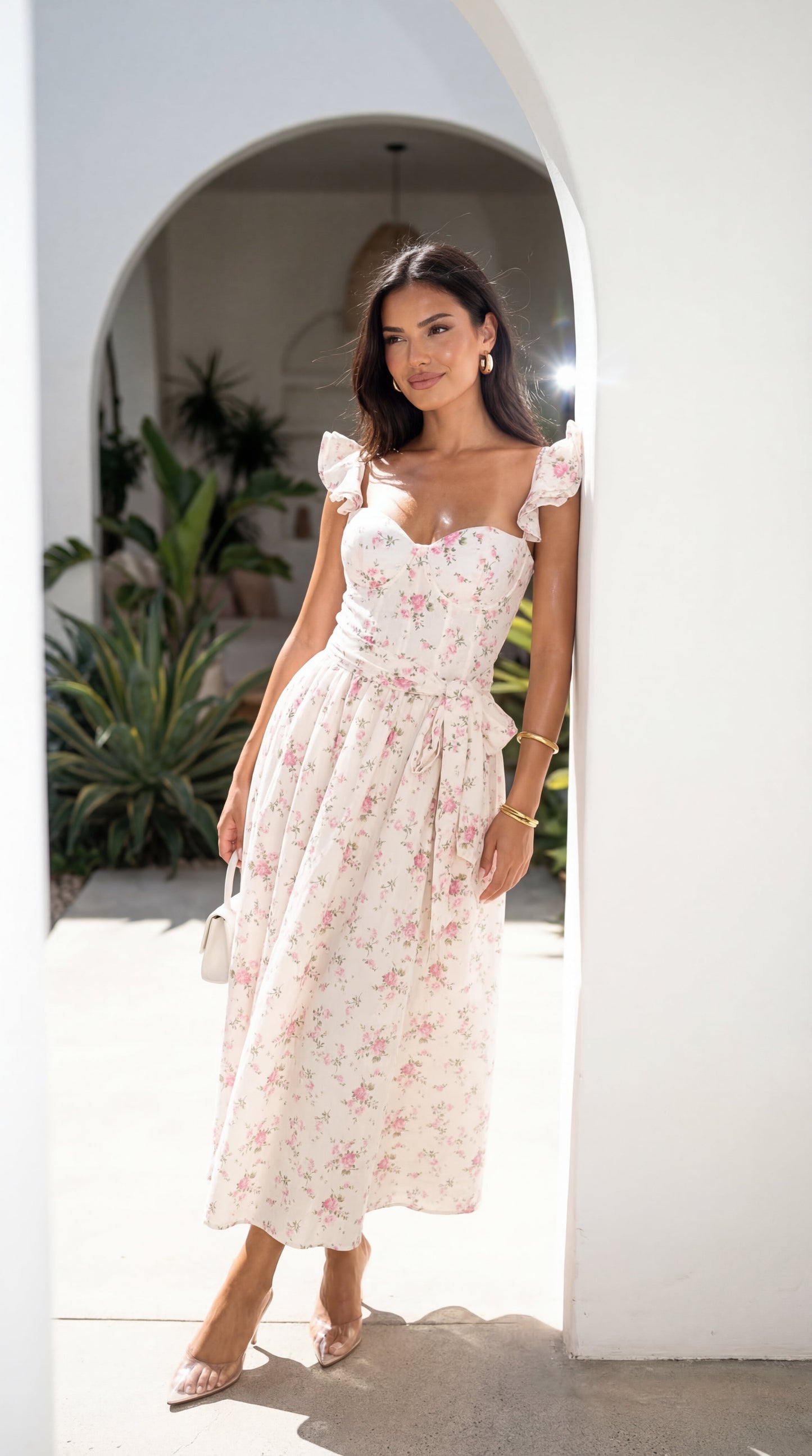 Florienne Floral Corset Flutter Midi Dress - Ivory