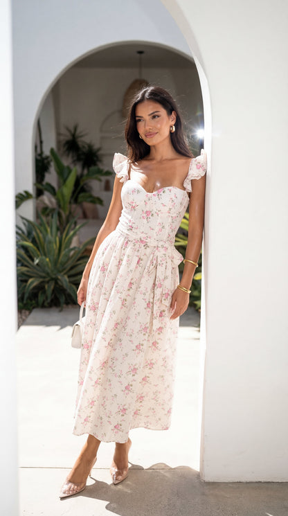 Florienne Floral Corset Flutter Midi Dress - Ivory