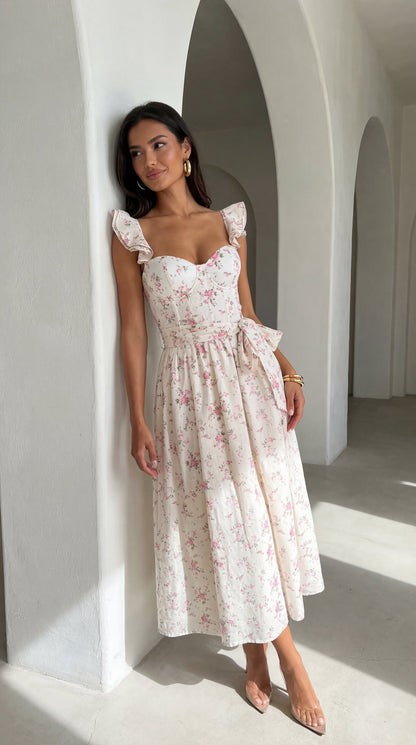 Florienne Floral Corset Flutter Midi Dress - Ivory