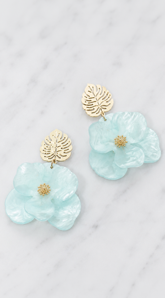Faya Tropical Leaf Flower Drop Earrings - Blue