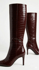 Isolde Croc-Embossed High Heel Boots - Burgundy