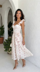 Florienne Floral Corset Flutter Midi Dress - Ivory