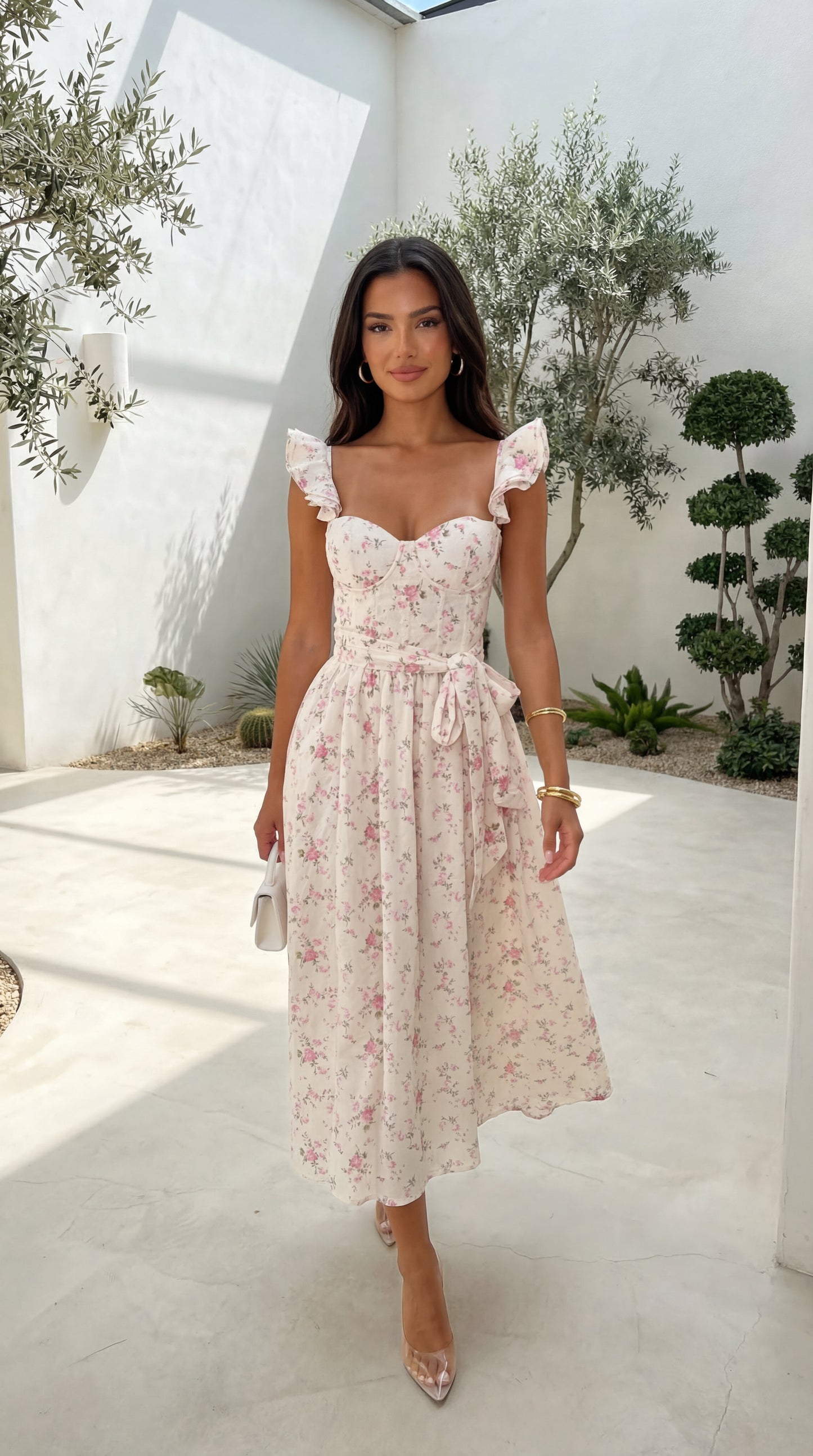 Florienne Floral Corset Flutter Midi Dress - Ivory