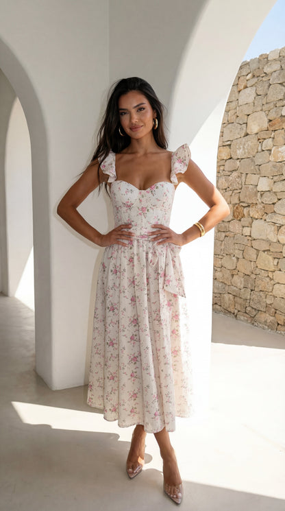 Florienne Floral Corset Flutter Midi Dress - Ivory