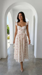 Florienne Floral Corset Flutter Midi Dress - Ivory