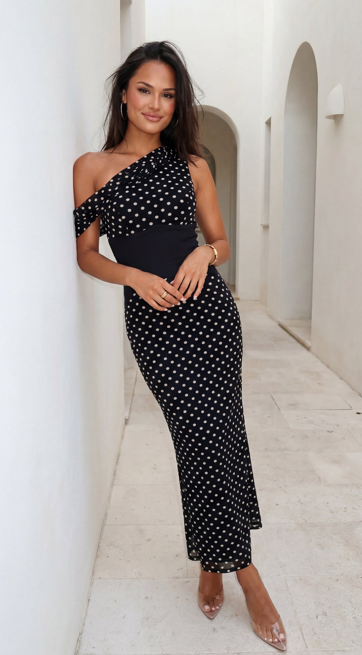 Moneté Polka Dot One Shoulder Maxi Dress - Black