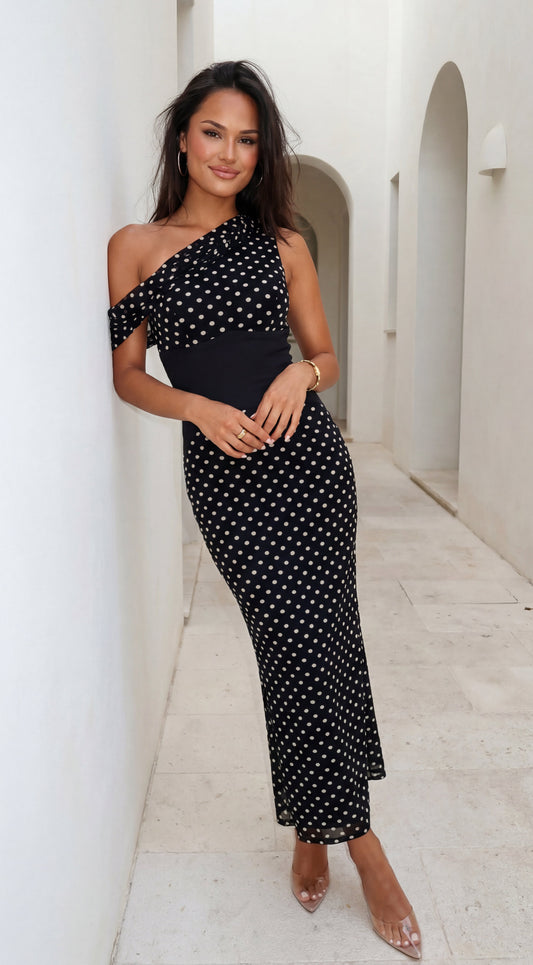 Moneté Polka Dot One Shoulder Maxi Dress - Black