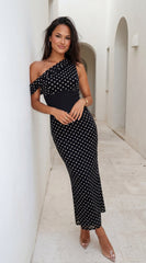 Moneté Polka Dot One Shoulder Maxi Dress - Black