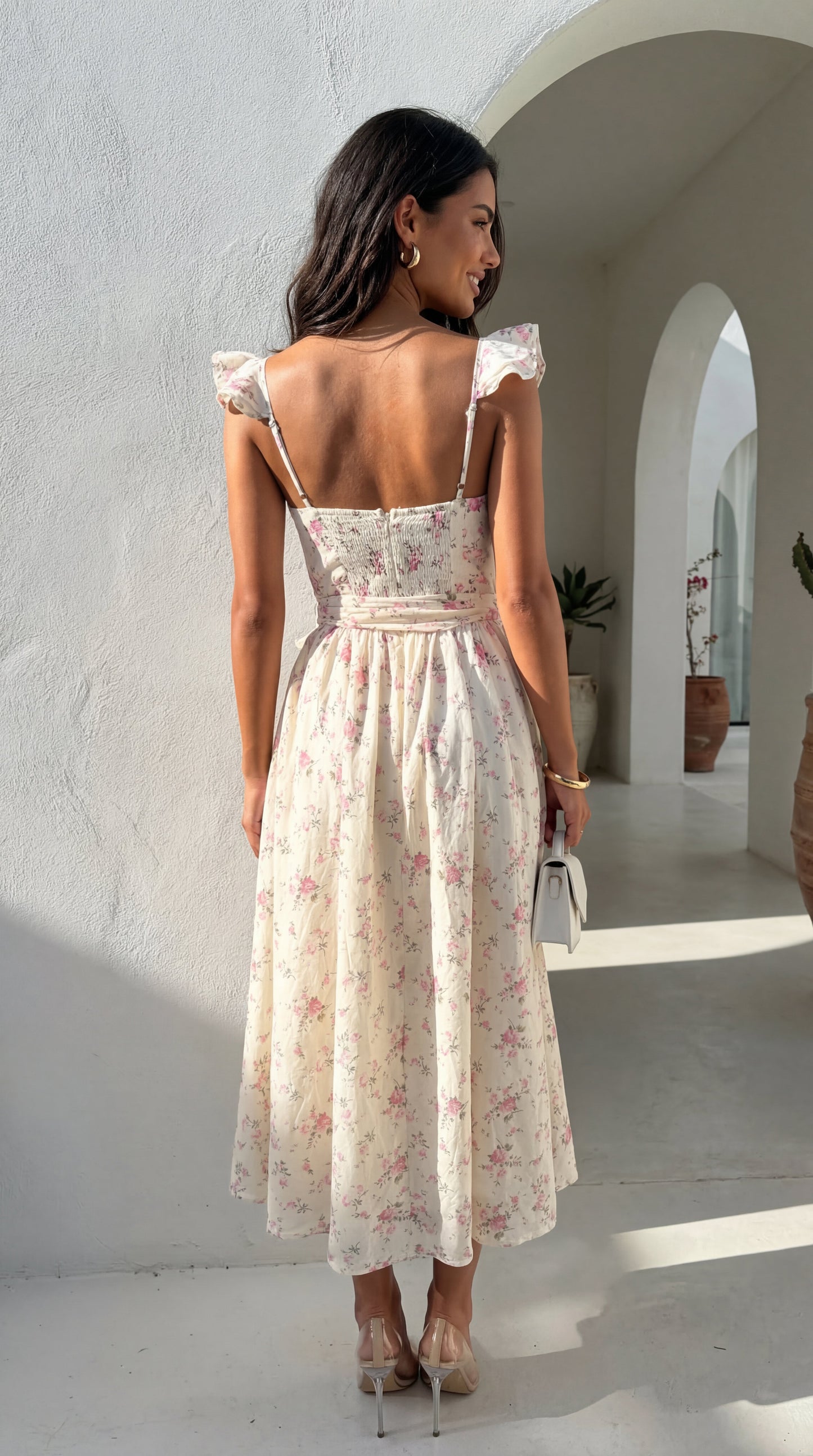 Florienne Floral Corset Flutter Midi Dress - Ivory