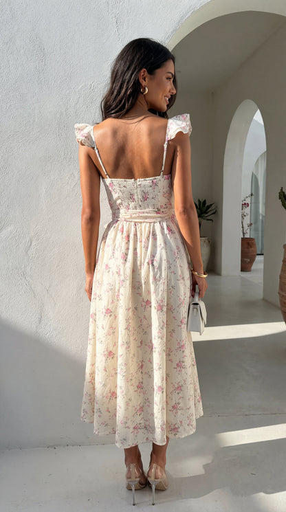 Florienne Floral Corset Flutter Midi Dress - Ivory