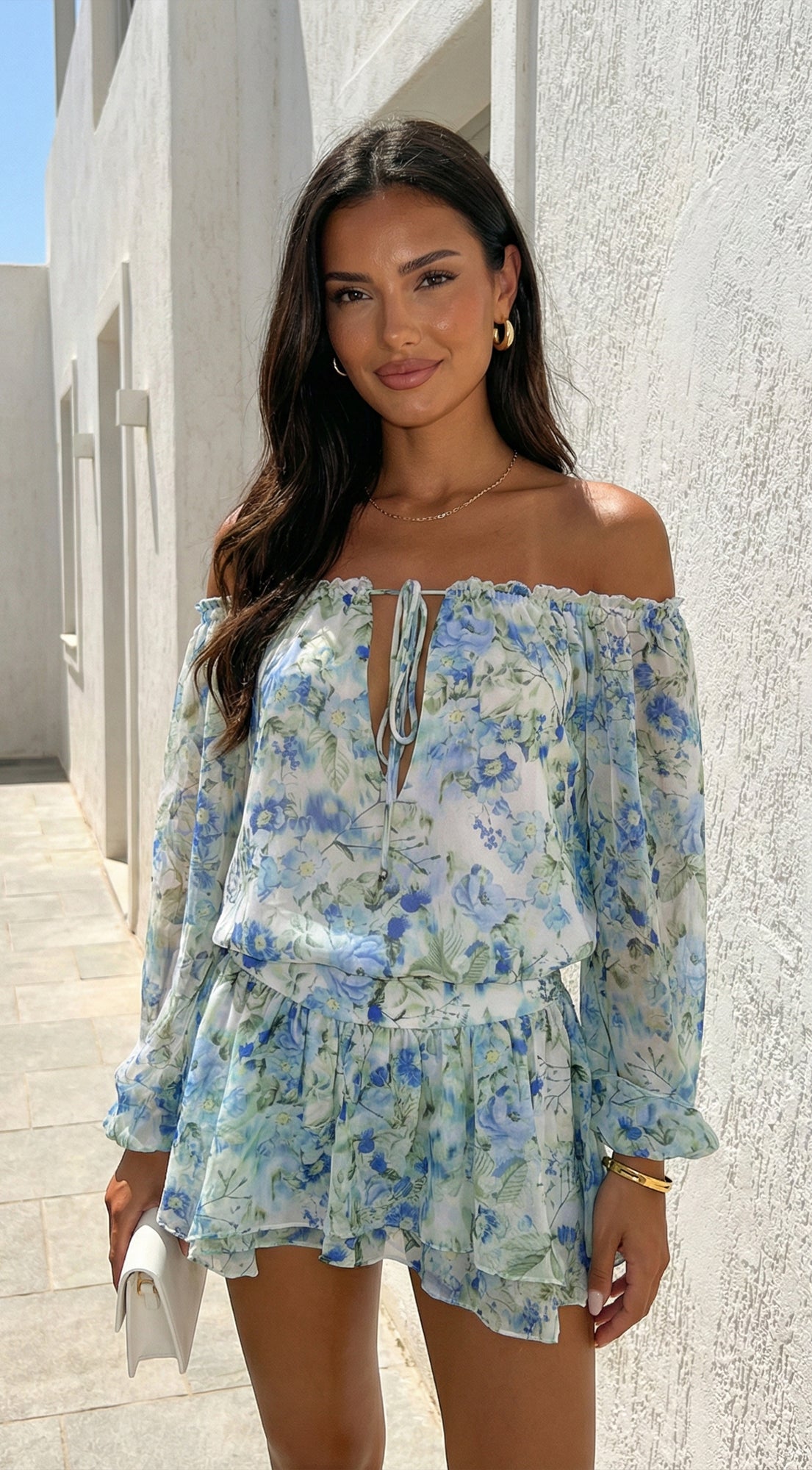 Cyrene Floral Off-Shoulder Mini Dress - Floral Green