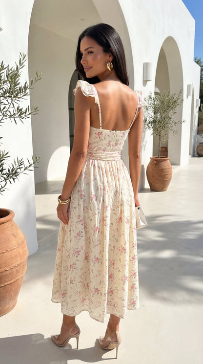 Florienne Floral Corset Flutter Midi Dress - Ivory