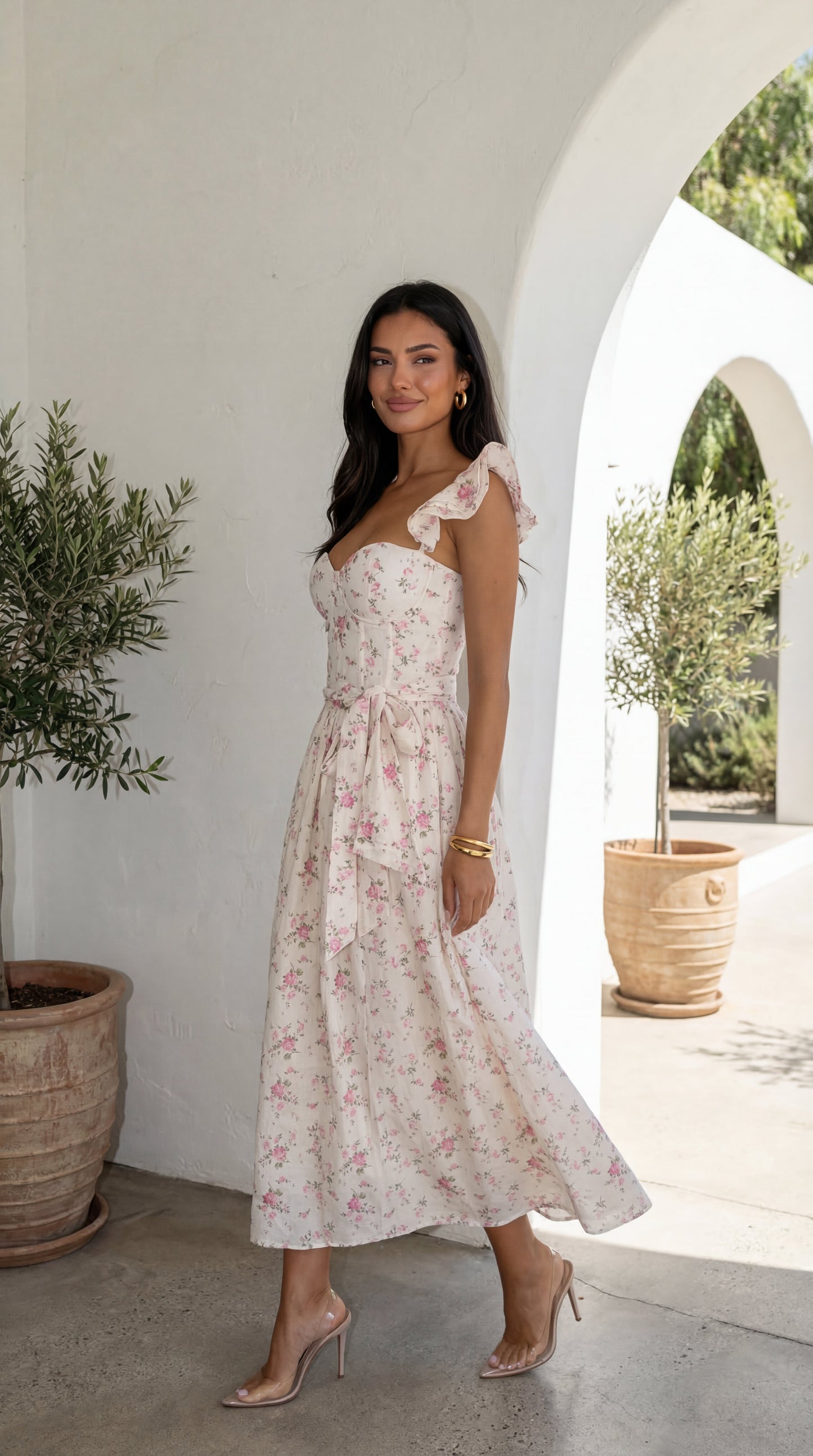 Florienne Floral Corset Flutter Midi Dress - Ivory