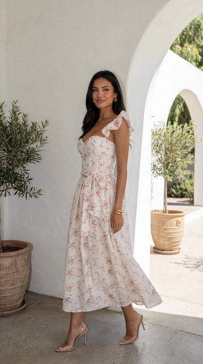 Florienne Floral Corset Flutter Midi Dress - Ivory